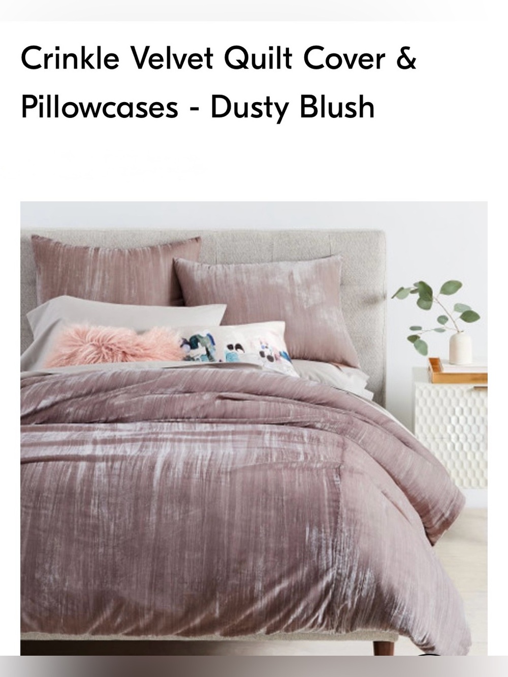 West Elm Crinkle Velvet King Cal King Duvet Cover Dusty Blush 92x108